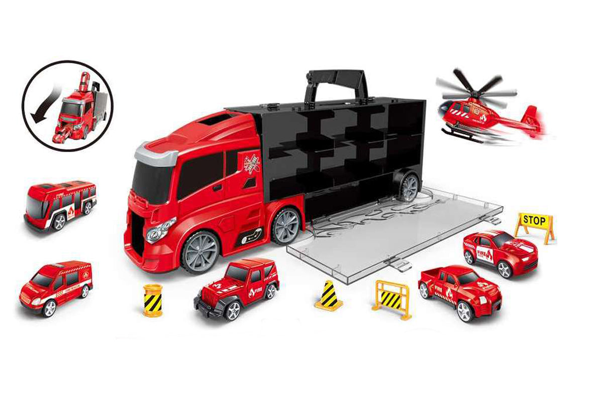 Lastbil m/redningskøretøjer og skilte, brand