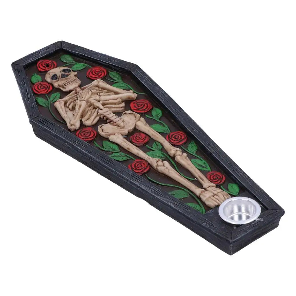 SKELETON REST IN ROSES COFFIN INCENSE BURNER
