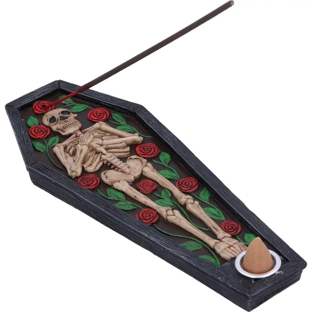 SKELETON REST IN ROSES COFFIN INCENSE BURNER