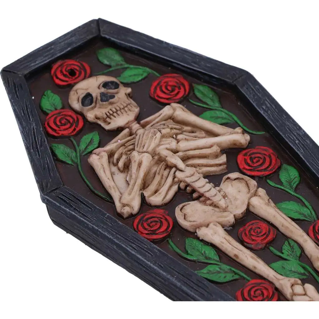 SKELETON REST IN ROSES COFFIN INCENSE BURNER