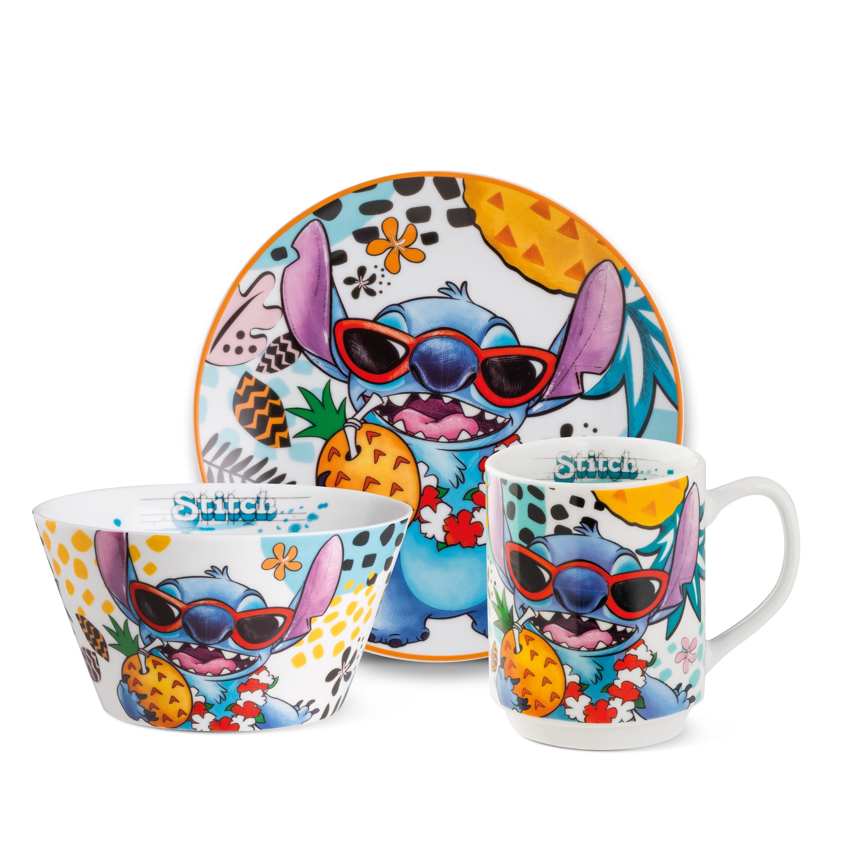 STITCH - Set - Assiette + Mug + Bol - Blanc