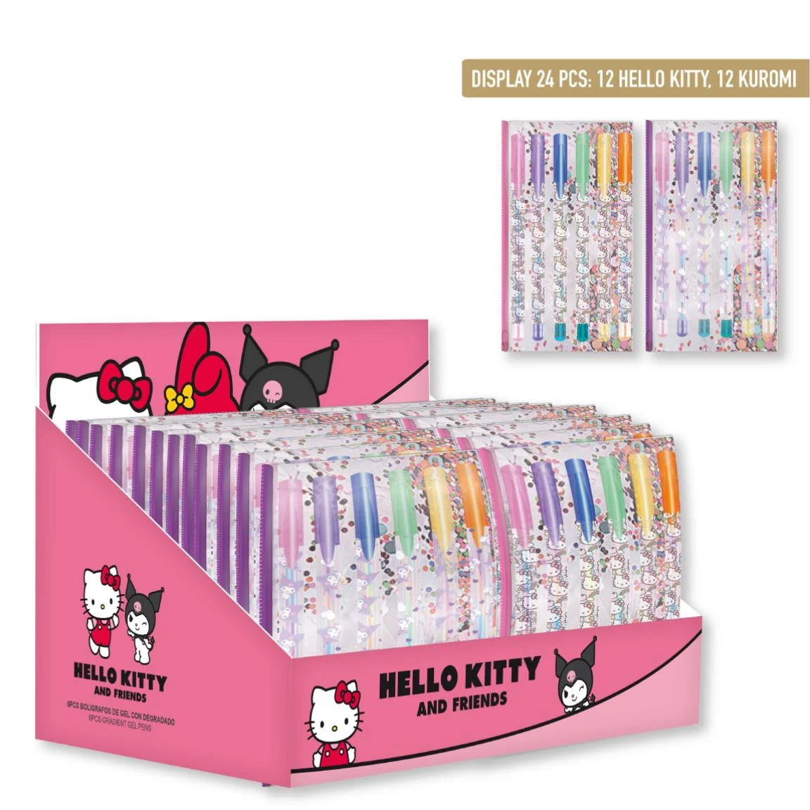 HELLO KITTY & KUROMI - Display of 24 Packs of 6 Mulitcolor Gel Pens