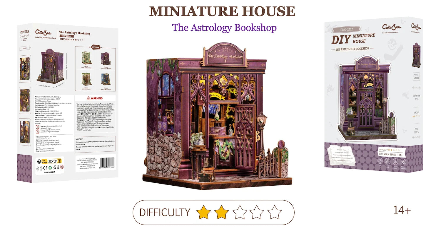 MINIATURE HOUSE - DIY - Astrology Bookshop - 155pc + LED Light