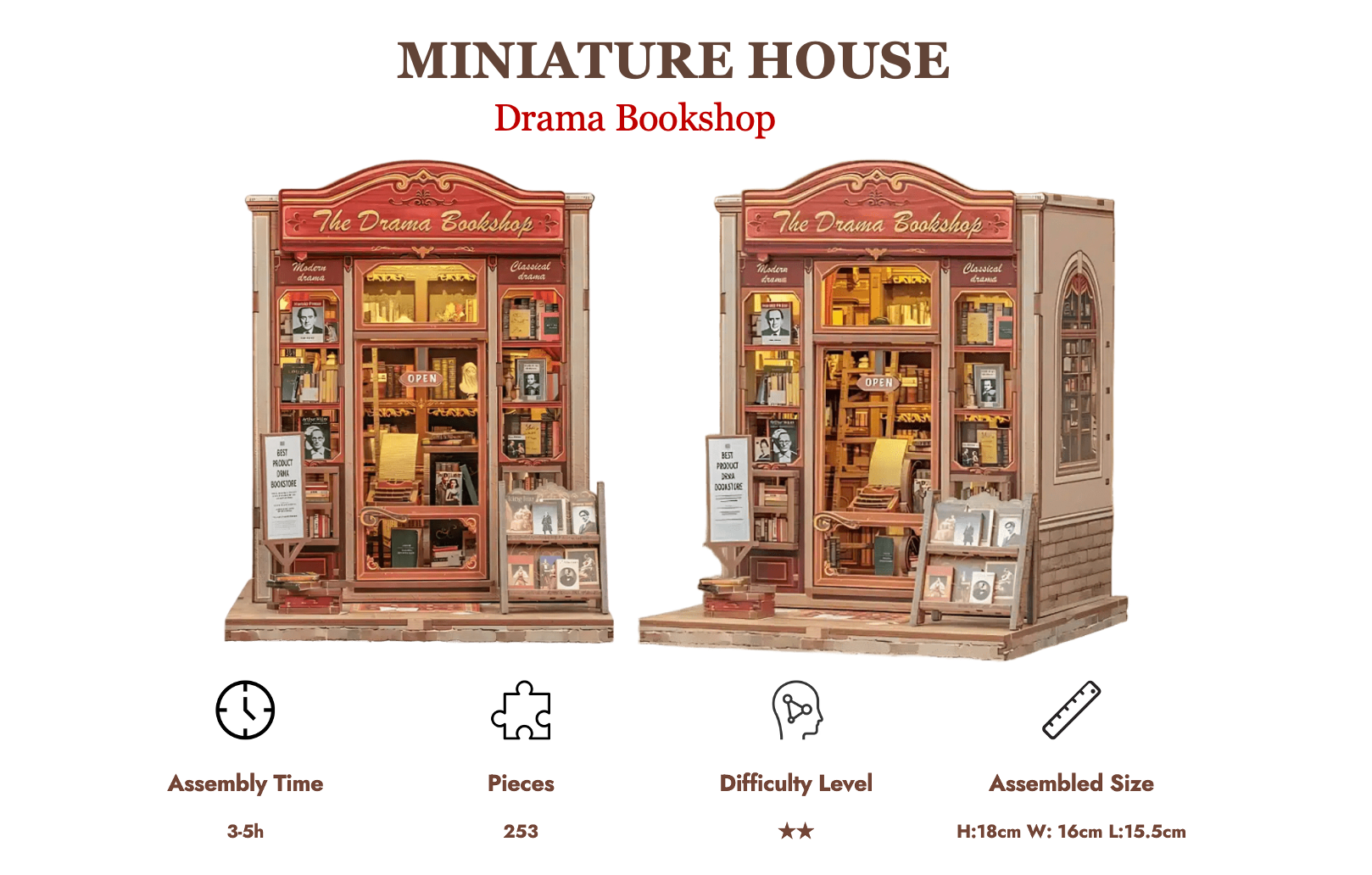 MINIATURE HOUSE - DIY - Drama Bookshop - 253pc + LED Light
