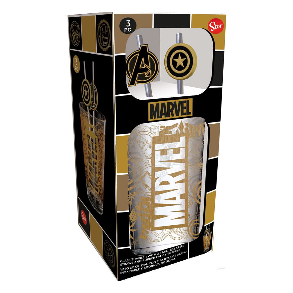 Marvel Glass Tumbler with Straws Logo & Avengers 485 ml