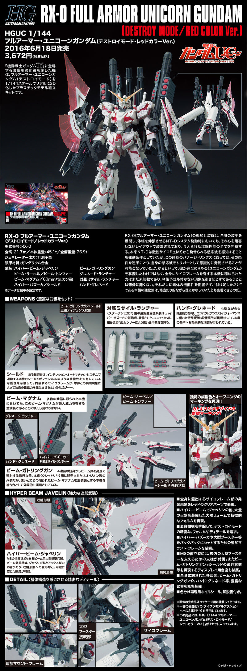 HG RX-0 Full Armor Unicorn Gundam (Destroy Mode/Red Color Ver.) 1/144